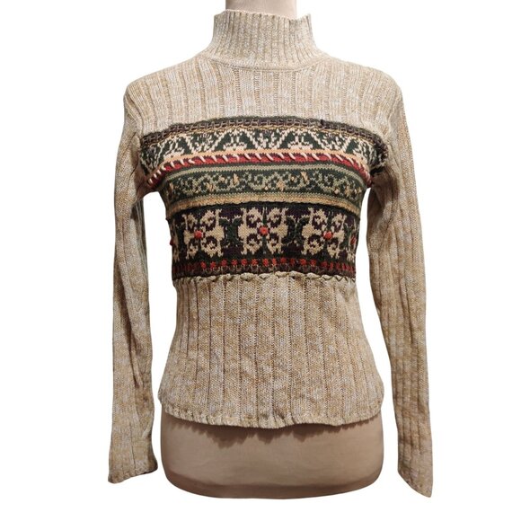 White Stag S Vintage Beige Fair Isle Mock Neck Sweater Ribbed Knit Pullover Top - Picture 1 of 8